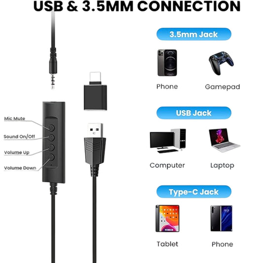 USB Headsets With Microphone for Laptop, USB, 3.5mm Jack, Type-C 3-in-1 Headsets