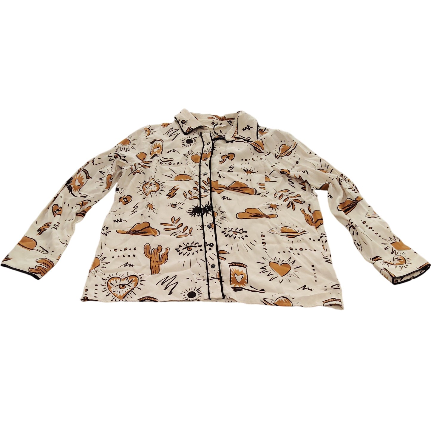 River Island Women's Casual Shirt UK10 Cream Viscose Printed Design Long Sleeve