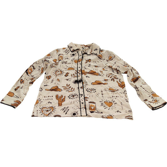 River Island Women's Casual Shirt UK10 Cream Viscose Printed Design Long Sleeve