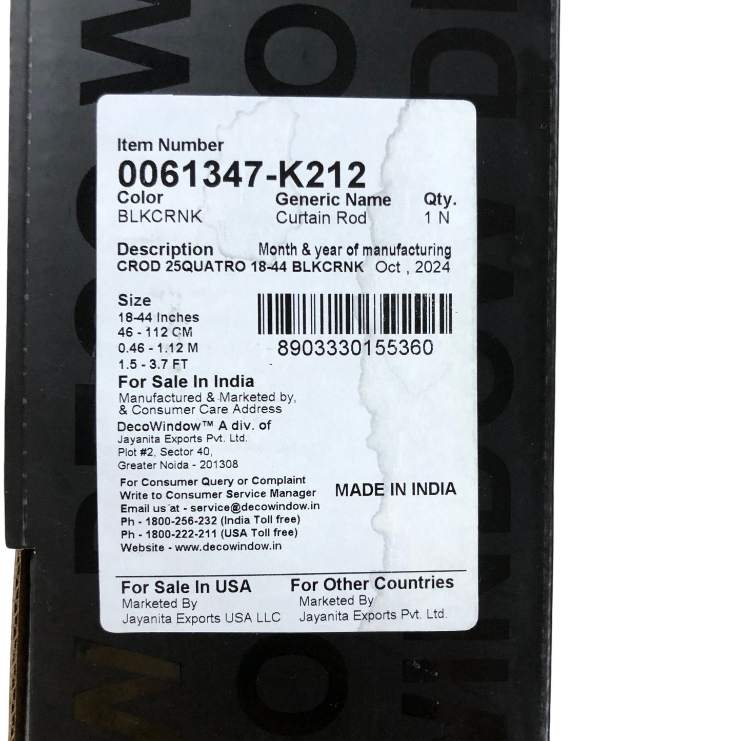 DECO WINDOW Extendable Drapery Rod 18-44 Inches Black Rustic Square End 1" Diam