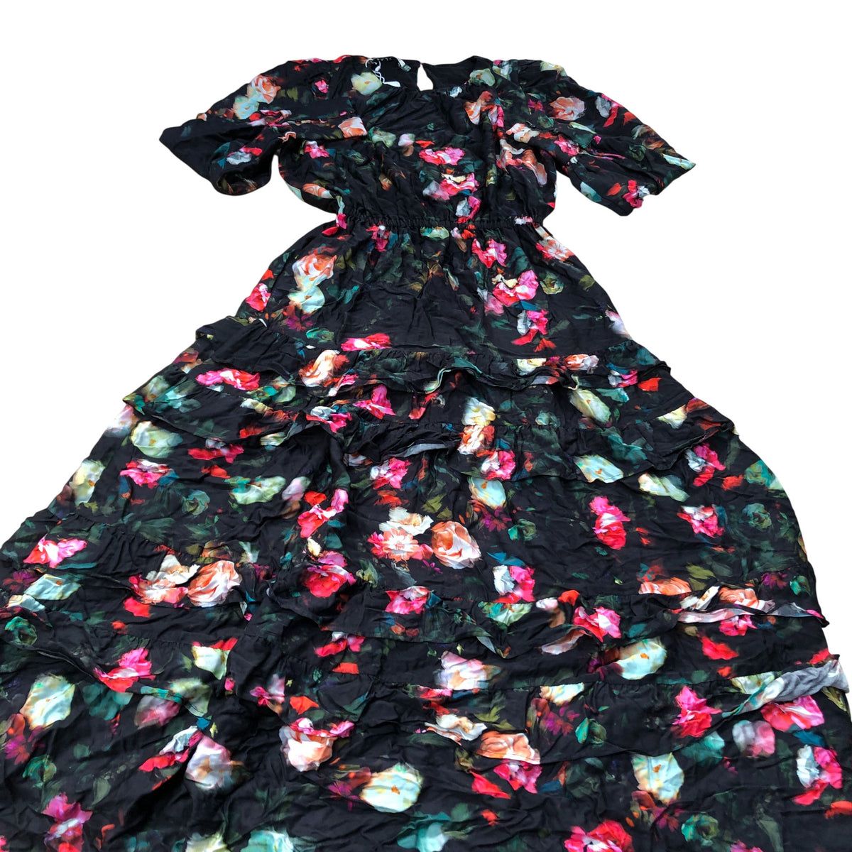 Baukjen Floral Maxi Dress UK10 Women's Black 100 Viscose Ruffle Design