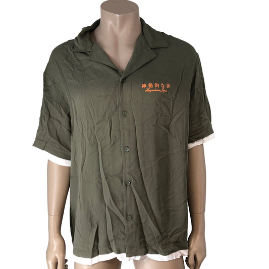 RIVER ISLAND Casual Shirt Olive Green Short Sleeve Tiger Print Graphic Medium