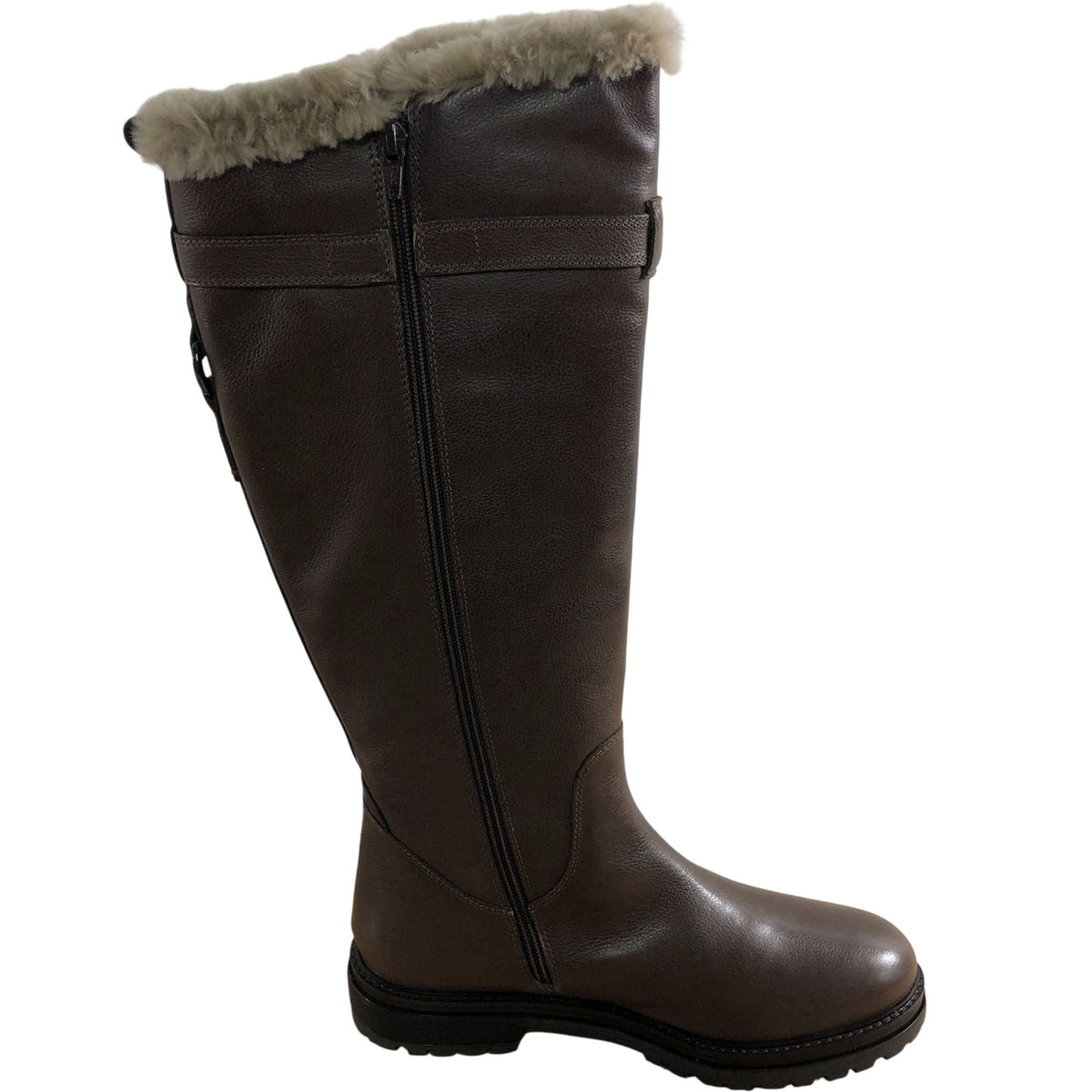 Brown Leather Knee High Boots With Faux Fur Trim