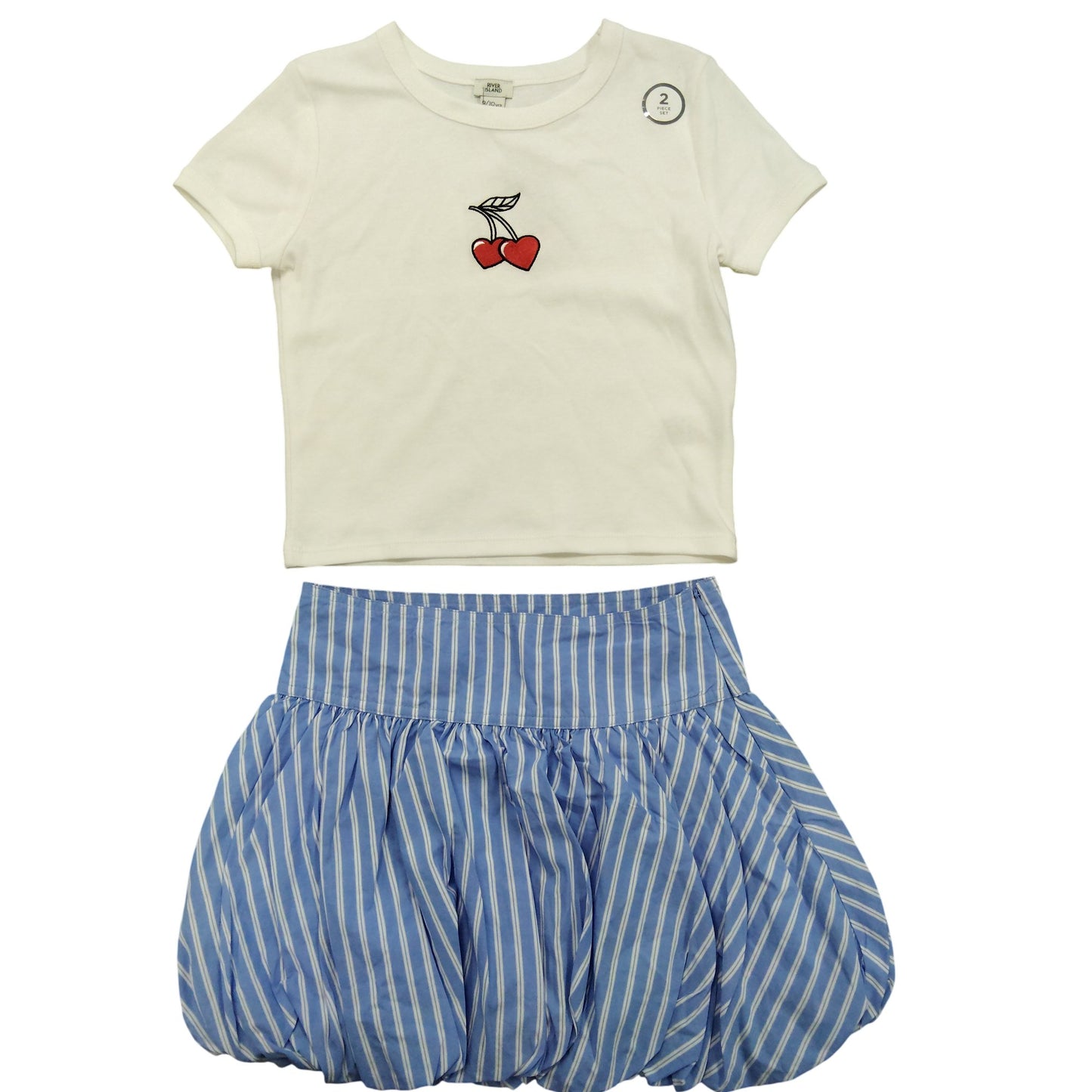 River Island Girls T-Shirt And Skirt Set Size 9-10 Years White Blue Striped