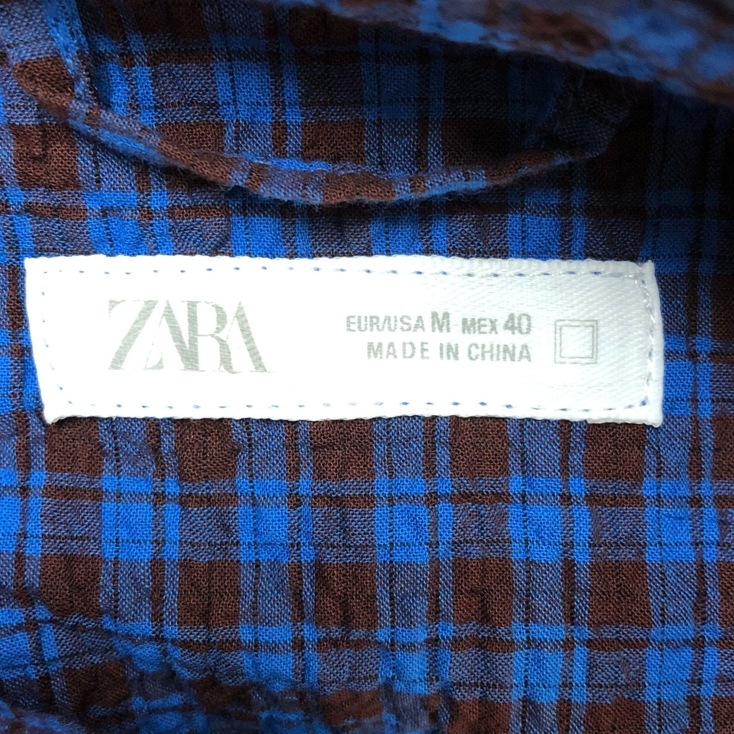 ZARA Men's Casual Shirt Size M Blue Brown Check Pattern Long Sleeve
