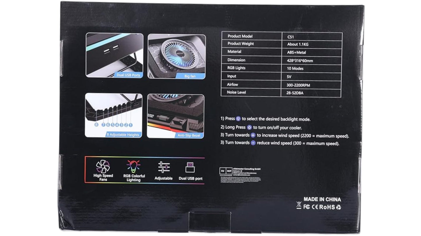 Moojay C51 Laptop Cooling Pad Ice Blue USB Powered Adjustable RGB Fan