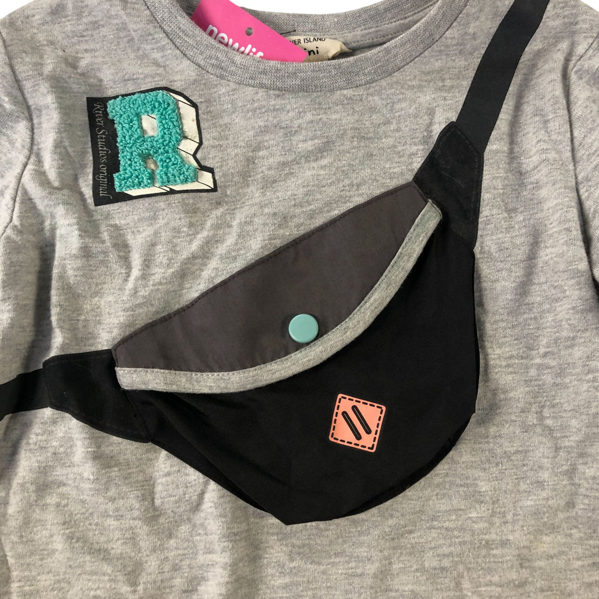 River Island Long Sleeve T-Shirt Kids Grey With Front Pocket 2-3 Years Unisex
