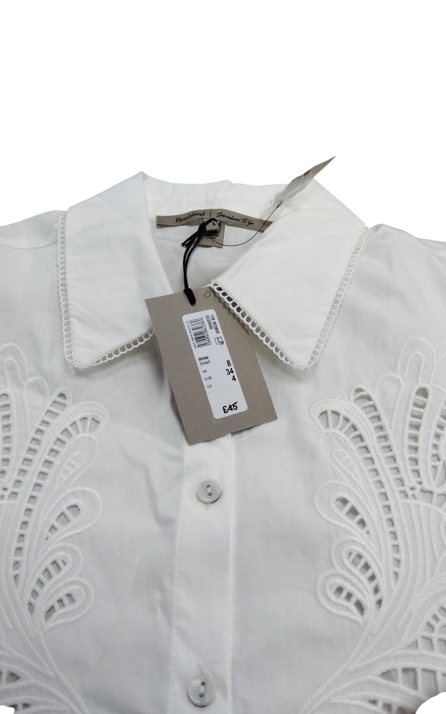 River Island White Smart Shirt UK8 Women's Embroidered Button Up Top