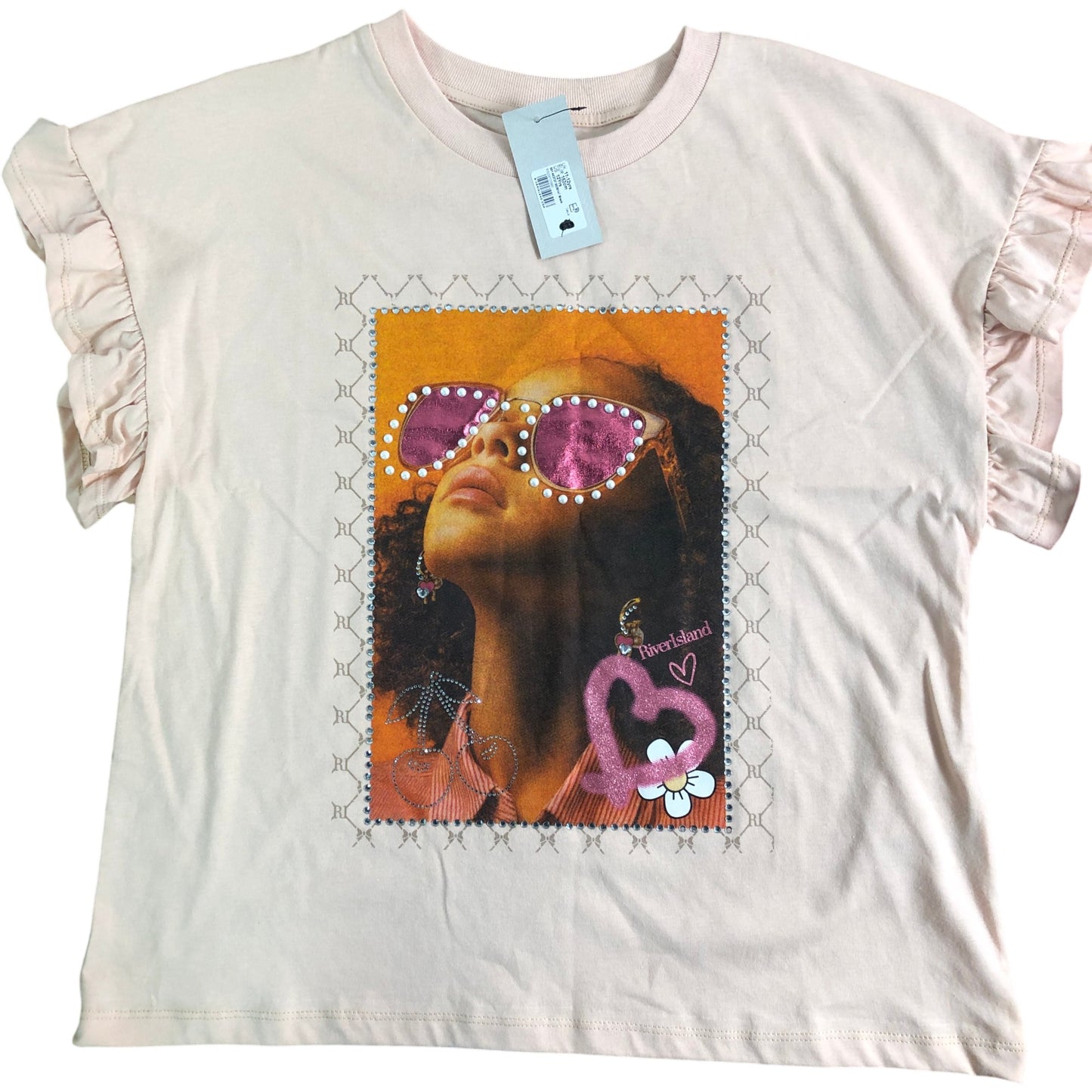 RIVER ISLAND Girls Graphic T-Shirt Size 12 Years Pink Ruffle Sleeve Top