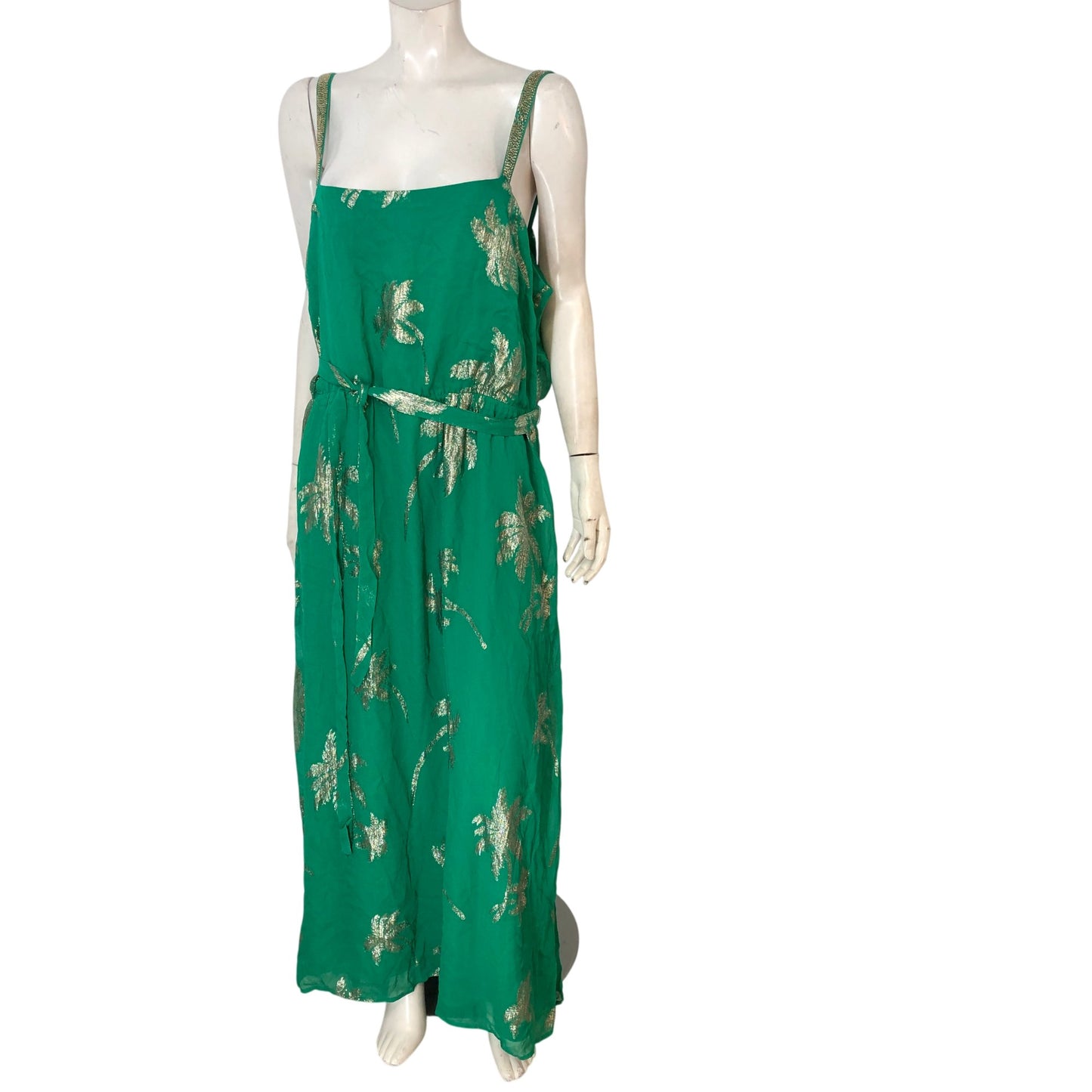 Love And Roses Maxi Dress UK18 Women's Green Palm Print With Beaded Straps
