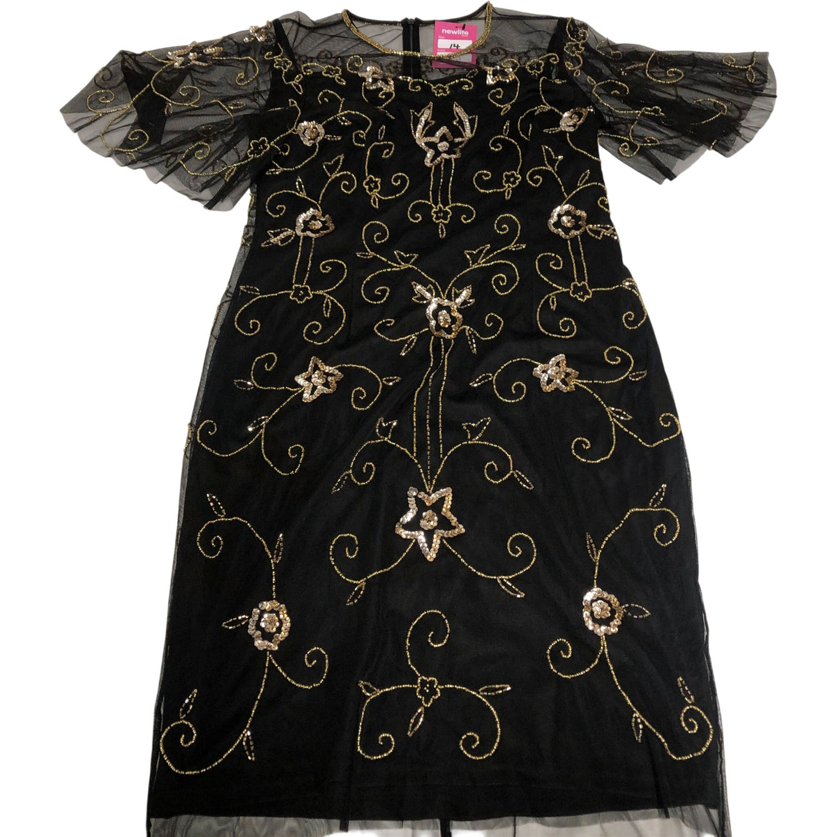 Women's Black Floral Beaded Embroidered Dress Short Sleeve UK14