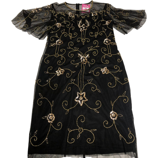 Women's Black Floral Beaded Embroidered Dress Short Sleeve UK14