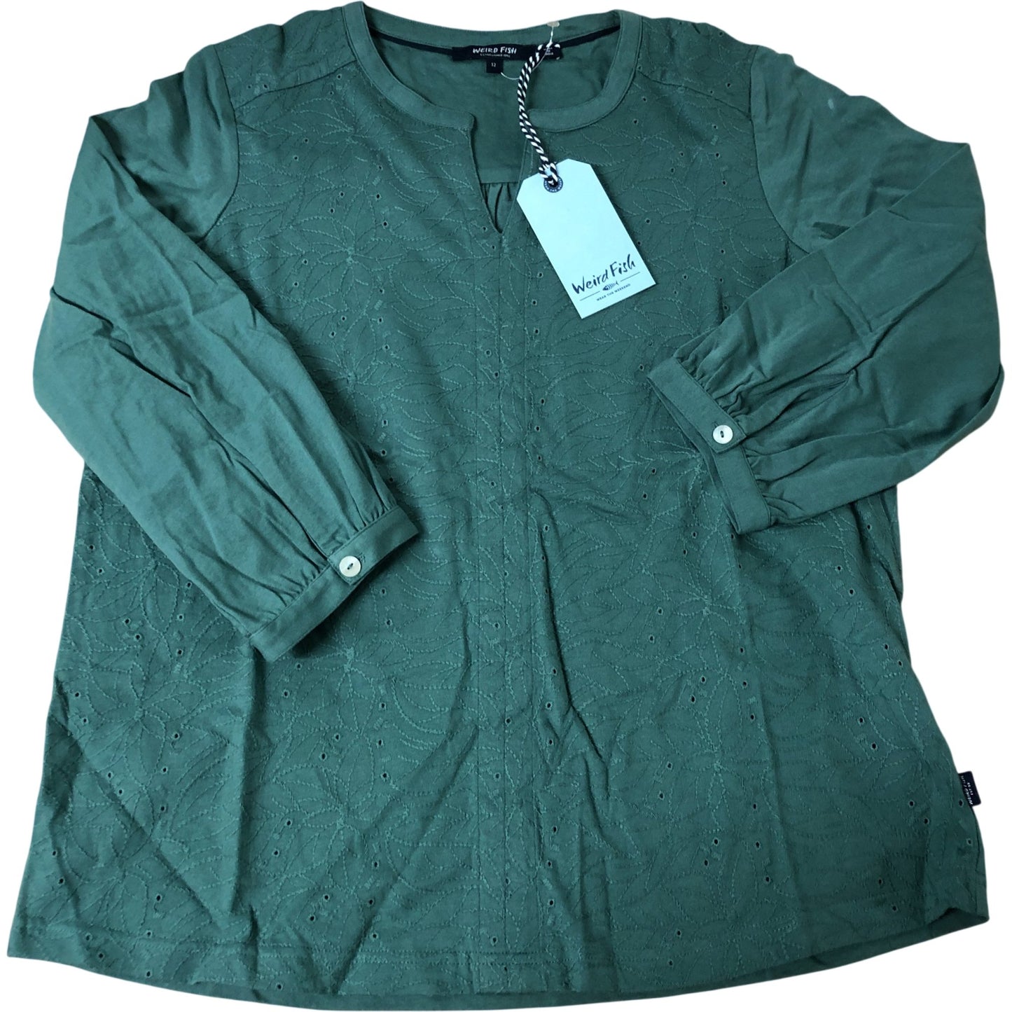 Weird Fish Mabel Organic Cotton Jacquard Top Size 12 Women's Green Long Sleeve
