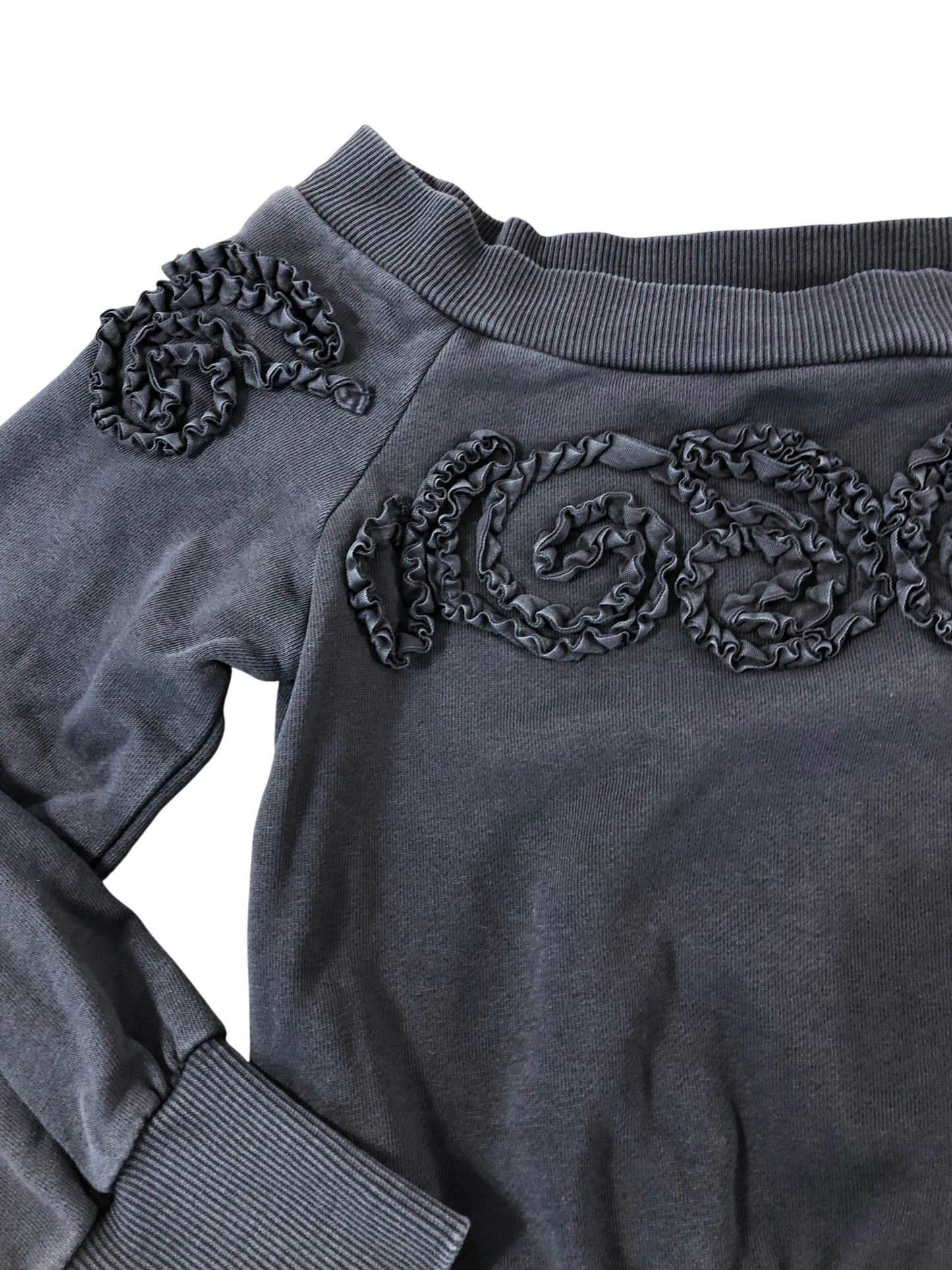 RIVER ISLAND Girls Jumper UK11-12Yrs Grey Off Shoulder Ruffled Detail Cotton Top