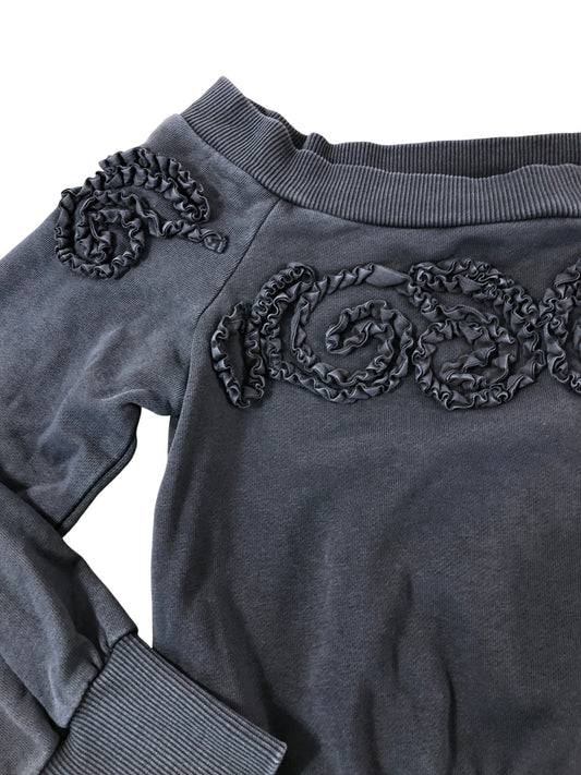 RIVER ISLAND Girls Jumper UK11-12Yrs Grey Off Shoulder Ruffled Detail Cotton Top