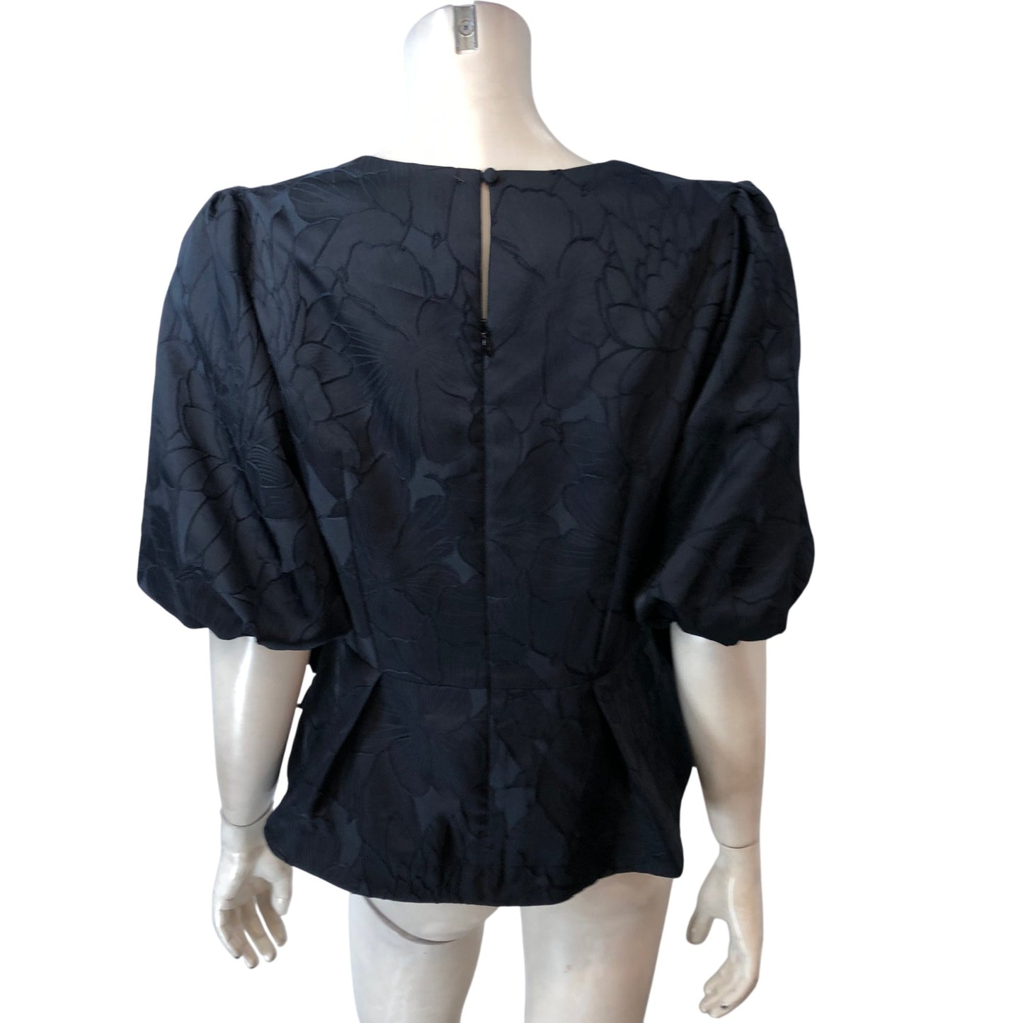 Branded Navy Floral Puff Sleeve Blouse UK12 Women's V Neck Top Semi Sheer