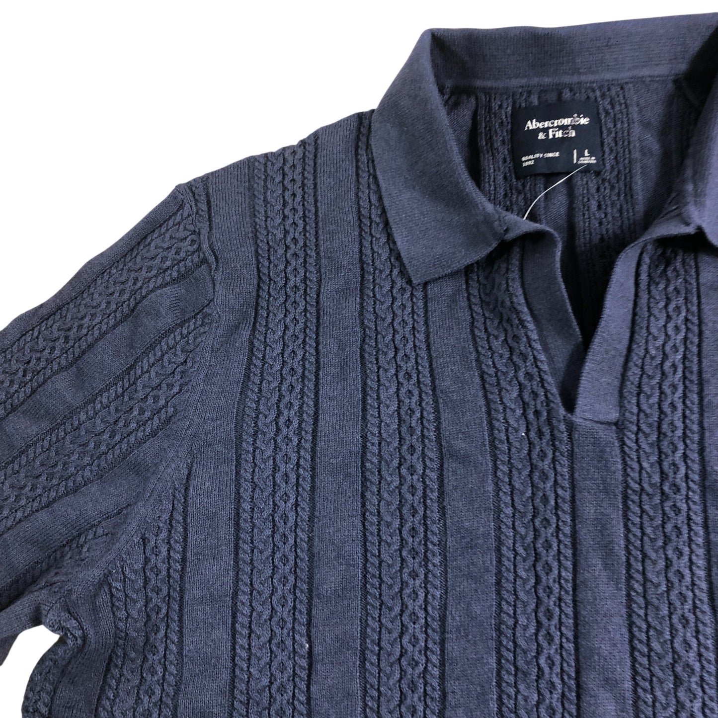 Branded Men's Cable Knit Polo Shirt Size L Navy Blue Cotton