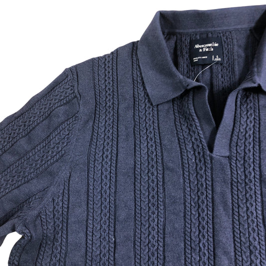 Branded Men's Cable Knit Polo Shirt Size L Navy Blue Cotton