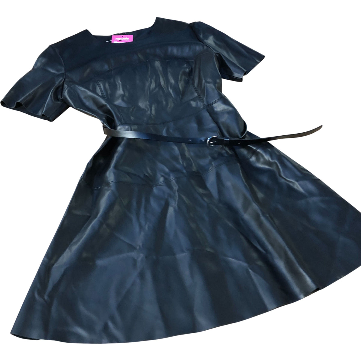 River Island Black Faux Leather Belted Dress UK12 Women's Short Sleeve