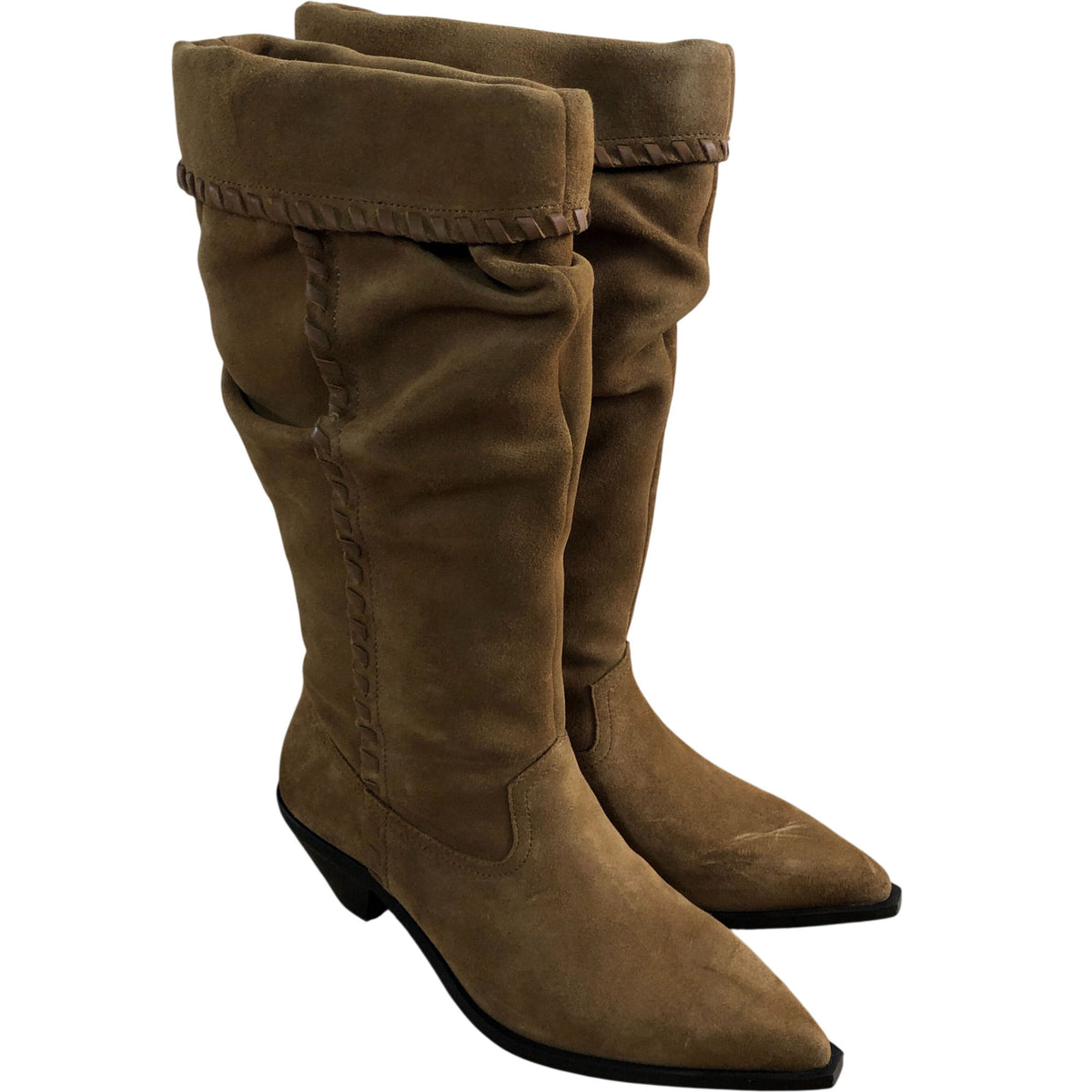 Isabelle Whipstitch Calf Boots Women's Tan Suede Pointed Heels