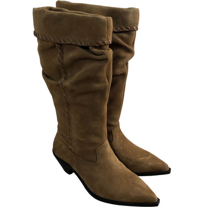Isabelle Whipstitch Calf Boots Women's Tan Suede Pointed Heels