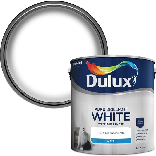 Dulux Pure Brilliant White Matt Emulsion Paint 2.5L Walls Ceilings Easy Apply