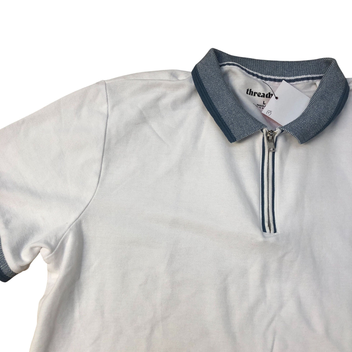 Threadbare Polo Shirt Regular Fit White Zip Neck Size L