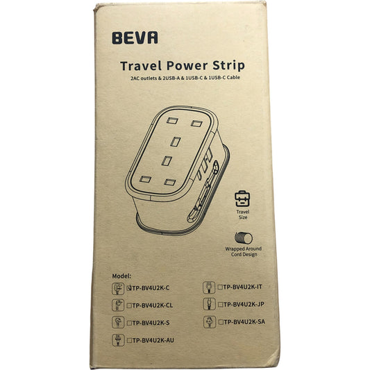BEVA Travel Power Strip With 2AC Outlets 2USB A 1USB C Cable White