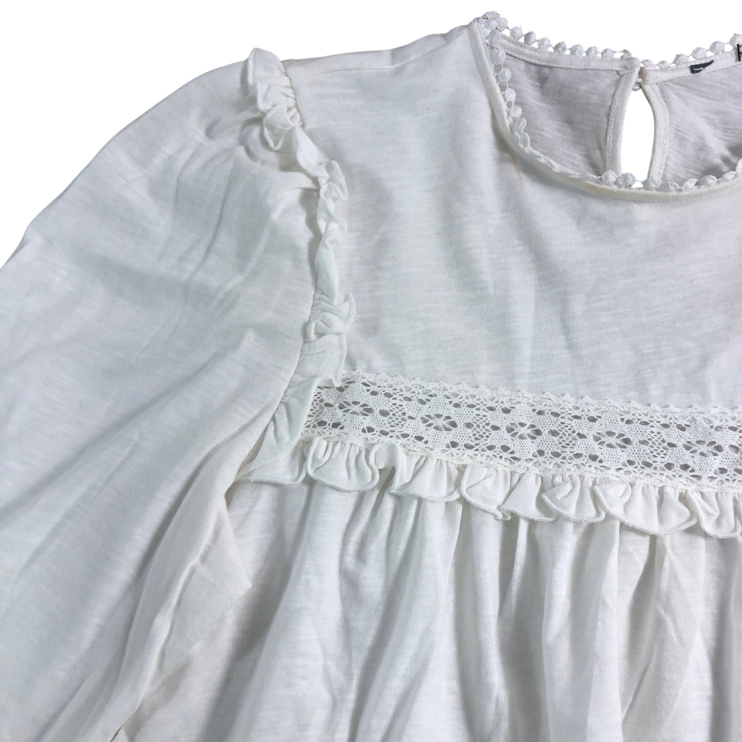 Branded Women's White Ruffled Sleeve Lace Blouse Size 12 Cotton Lace Detail Top