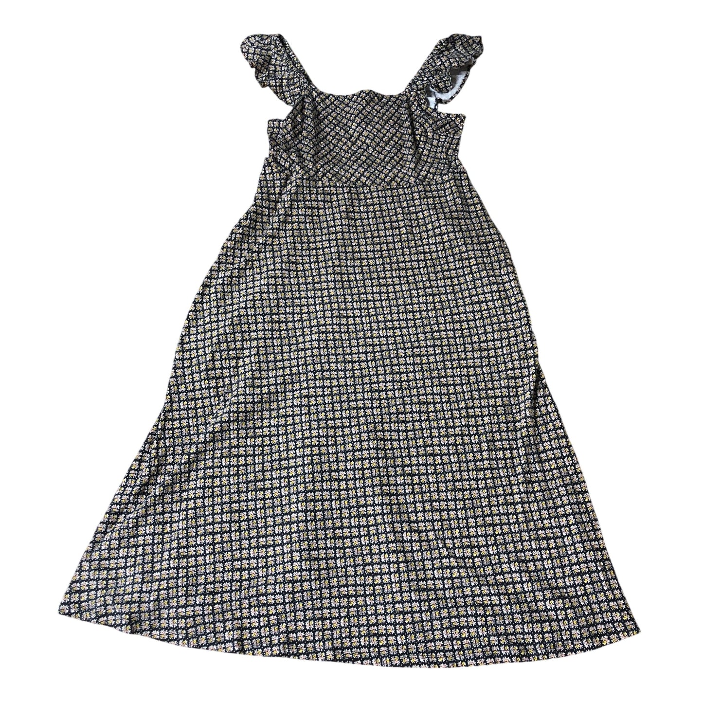 Floral Midi Dress Size 12 Women's Ruffle Strap Black Yellow White Pattern