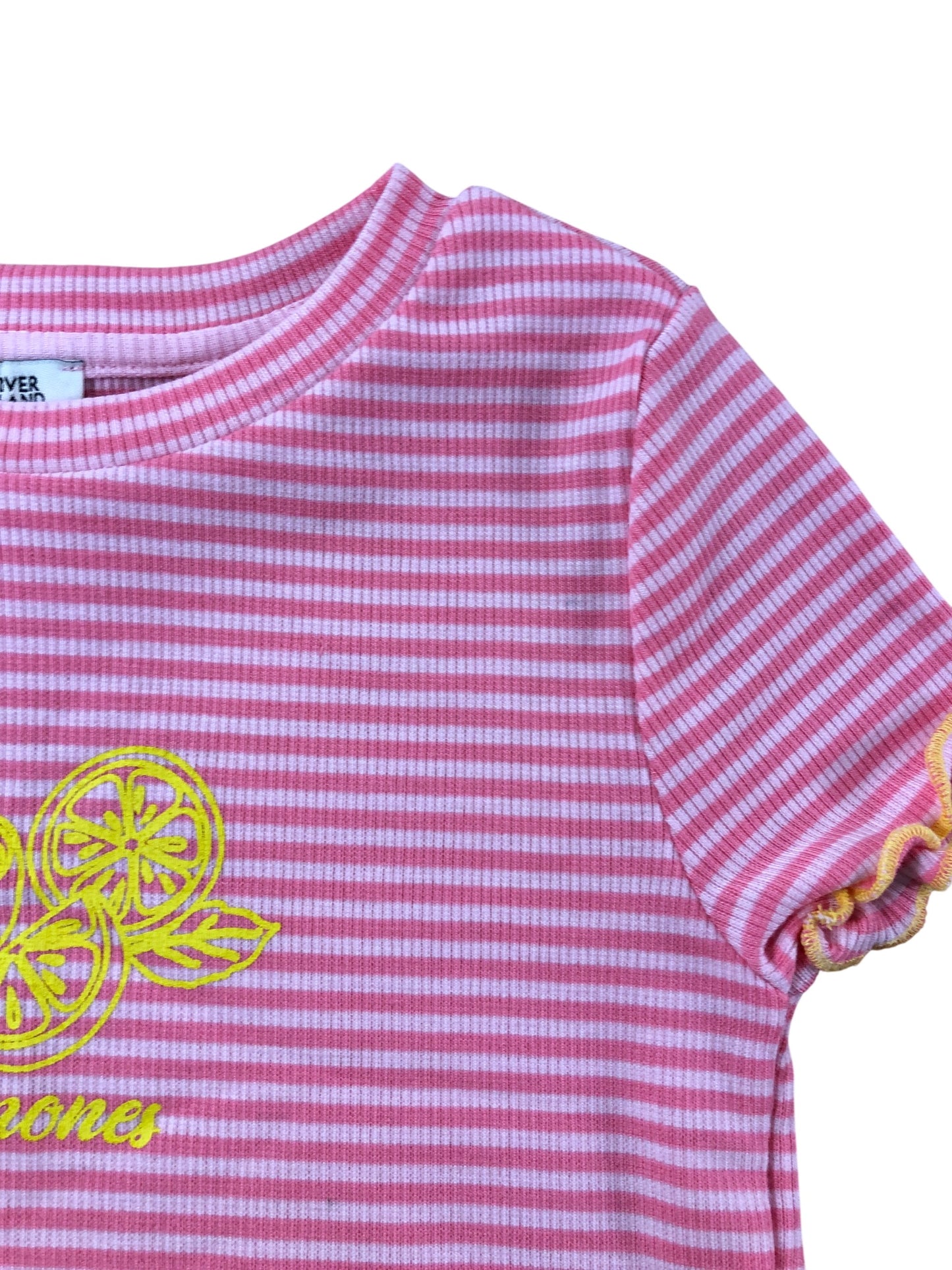 RIVER ISLAND Girls T-Shirt UK5-6 Years Pink Striped Lemon Print Ruffled Hem