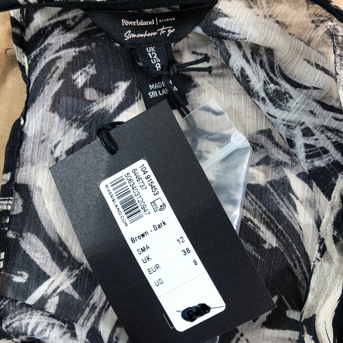 River Island UK12 Women's Short Sleeve Dress Brown Dark Floral Design