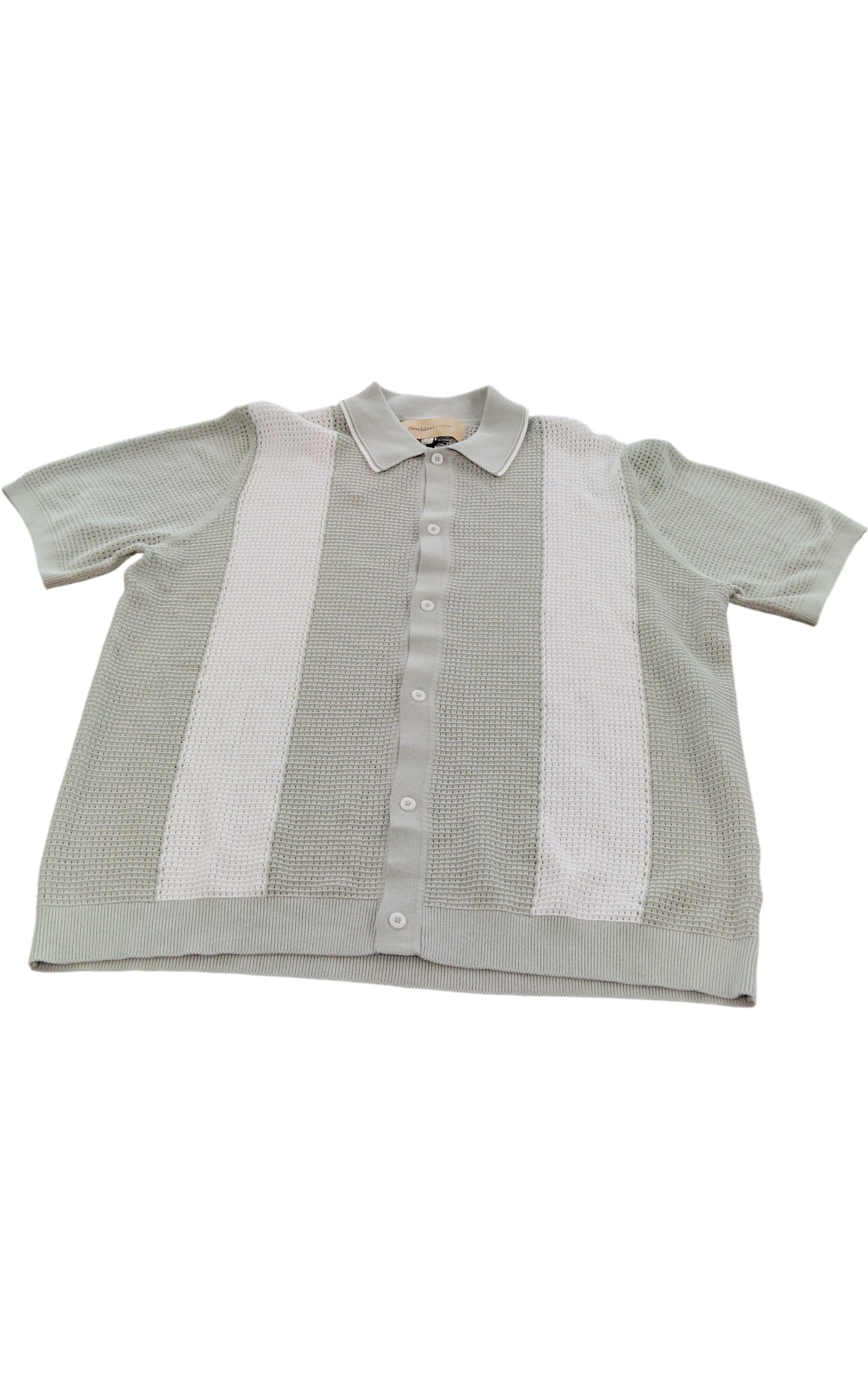 River Island Light Grey Knitted Polo Shirt Size Large Men's Short Sleeve Casual