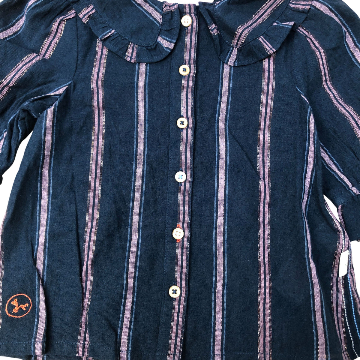 Striped Blouse Girls Cotton Blend Navy Pink Ruffle Detail