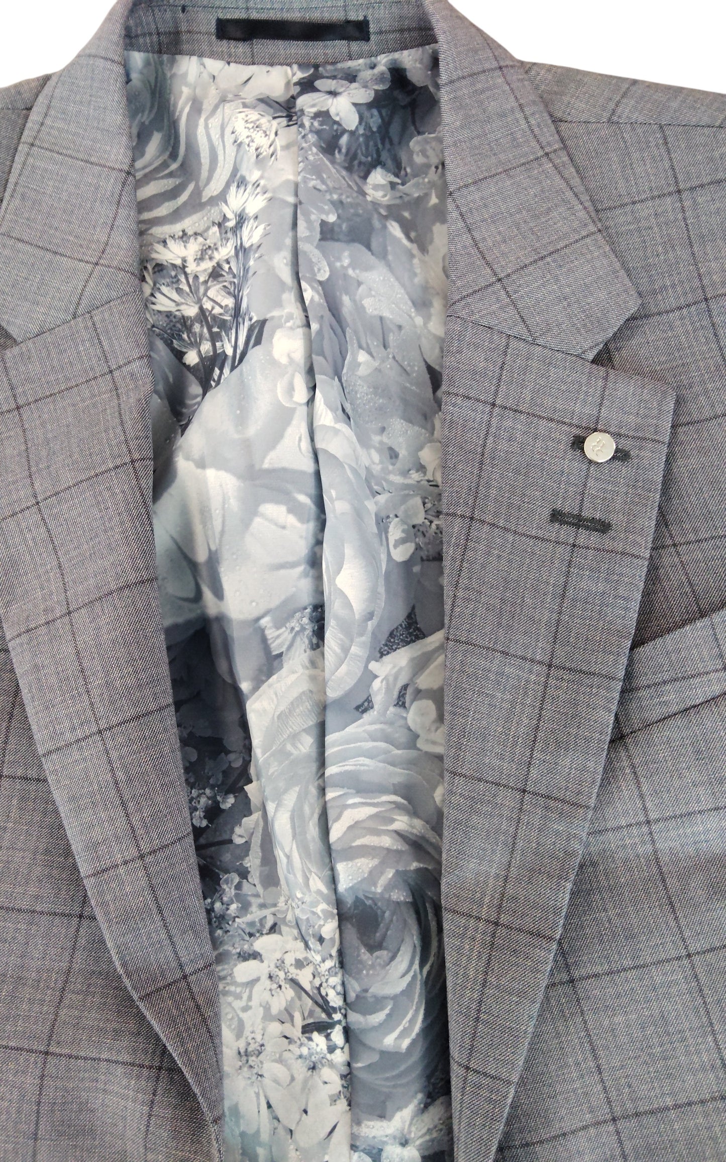 River Island Suit Jacket UK38S Men's Grey Check Slim Fit Floral Lining