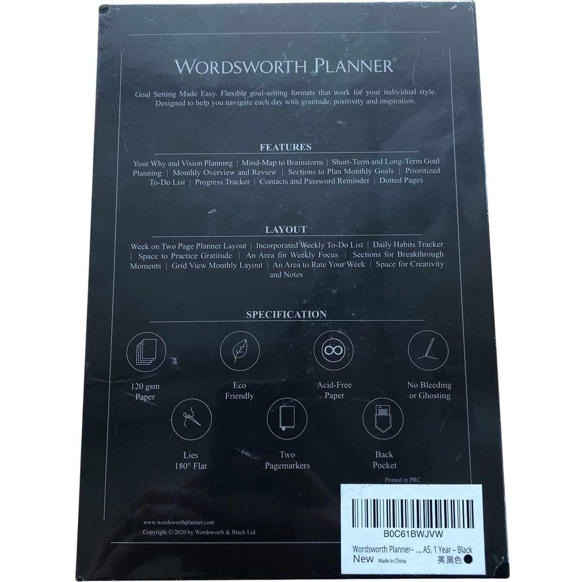 Wordsworth Planner A5 1 Year Black Goal Setting Organizer with Features Sealed