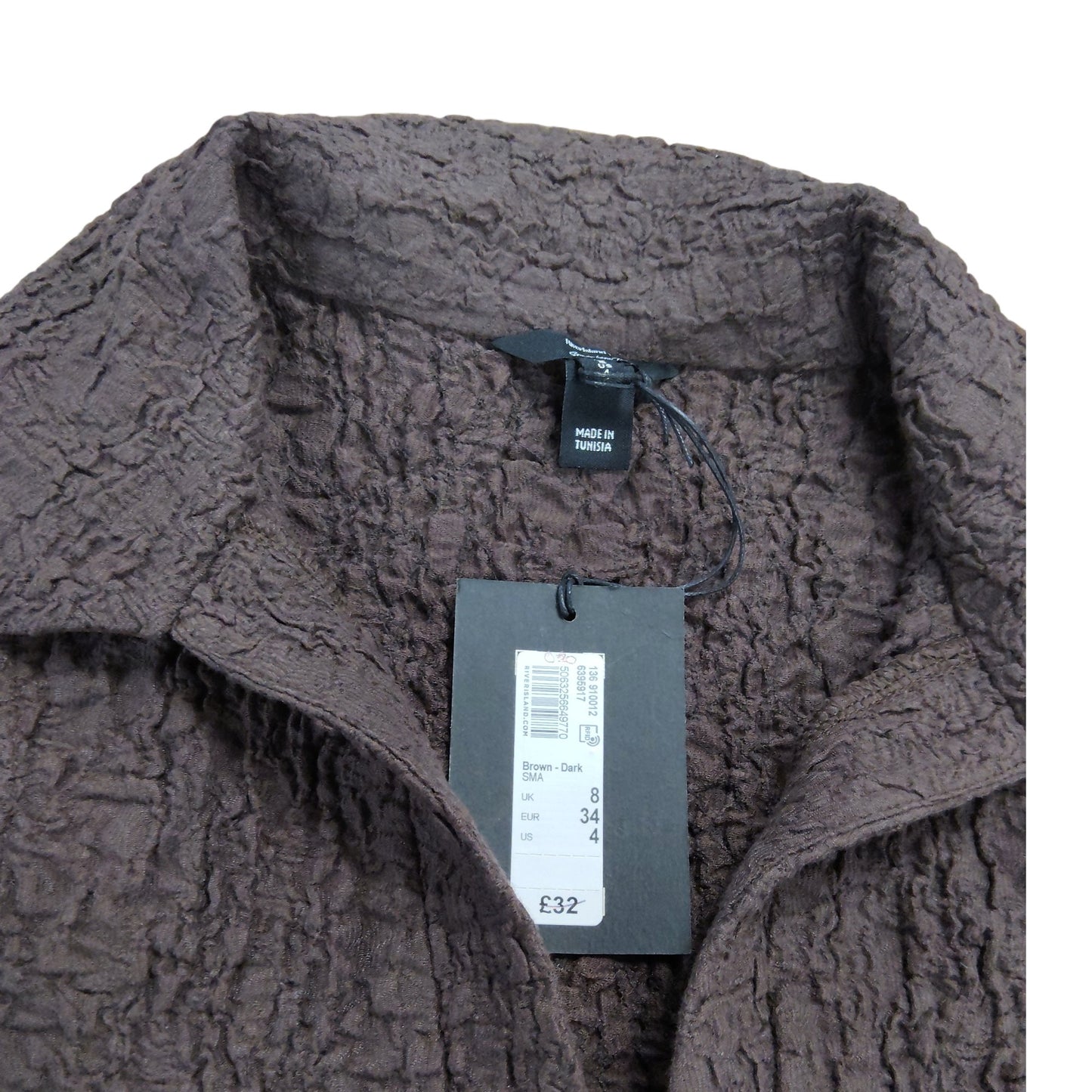 Dark Brown Sleeveless Shirt UK8 Women's Button-Up Crinkle Textured Fashion