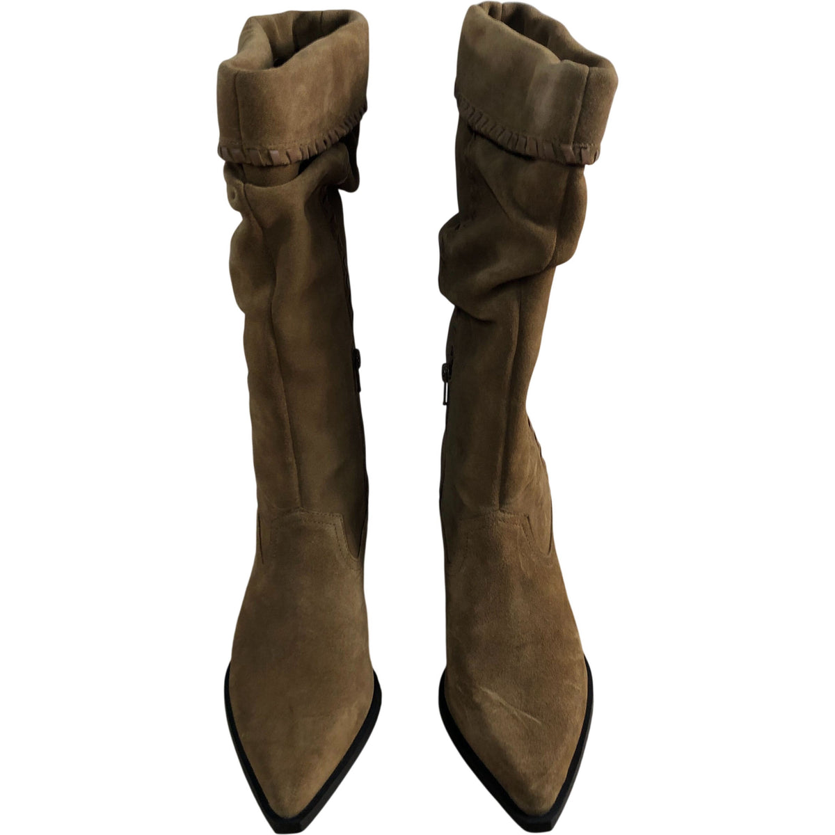 Isabelle Whipstitch Calf Boots Women's Tan Suede Pointed Heels
