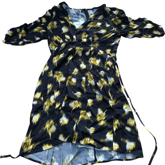 Bauken Floral Print Dress UK Size 10 Women's V Neck Black Yellow Short Sleeve