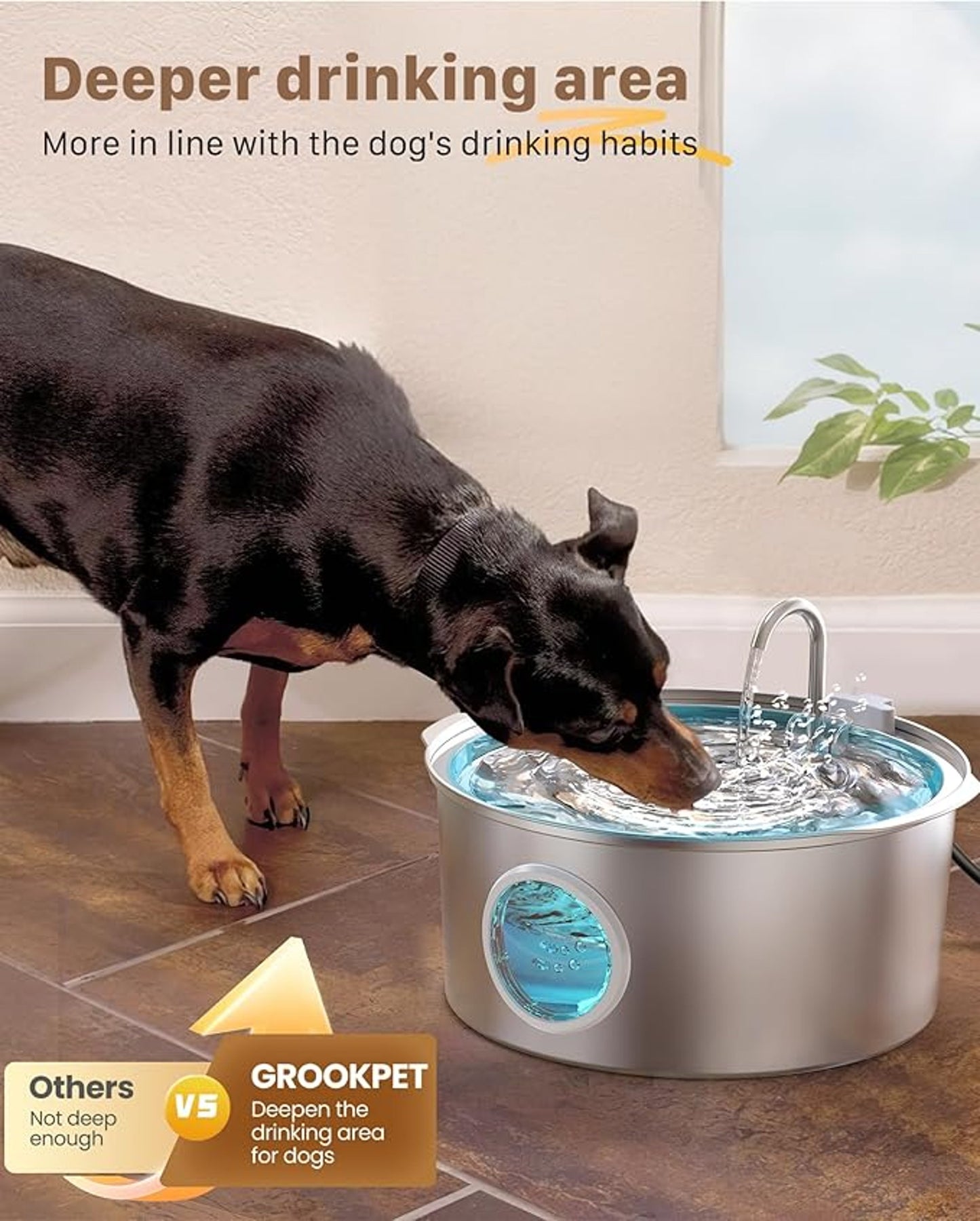 GROOKPET 7L Stainless Steel Dog Water Fountain BPA Free Deeper Drinking Area