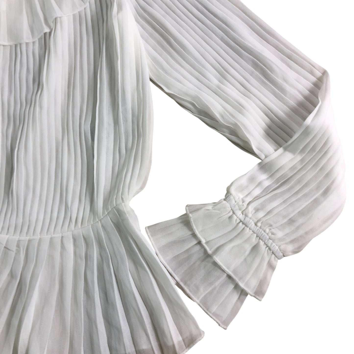River Island UK8 Women's White Ruffled Blouse Long Sleeve Pleated Top