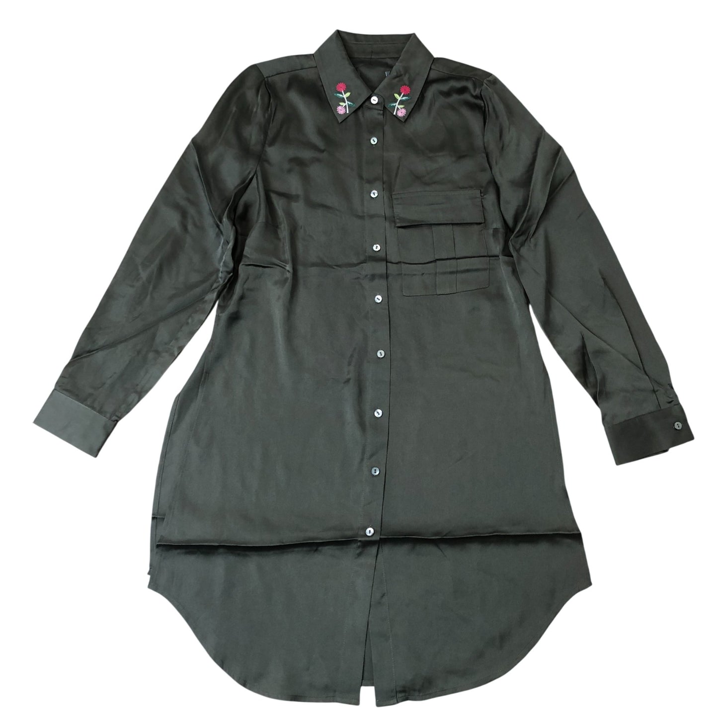 Satin Look Side Split Long Shirt Khaki Long Sleeve Embroidered Flora XS