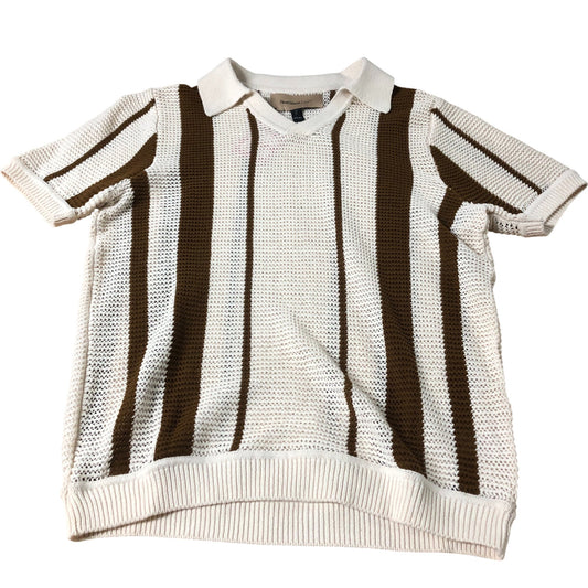 River Island Knitted Short Sleeve Polo Shirt Brown White Stripes Size Medium