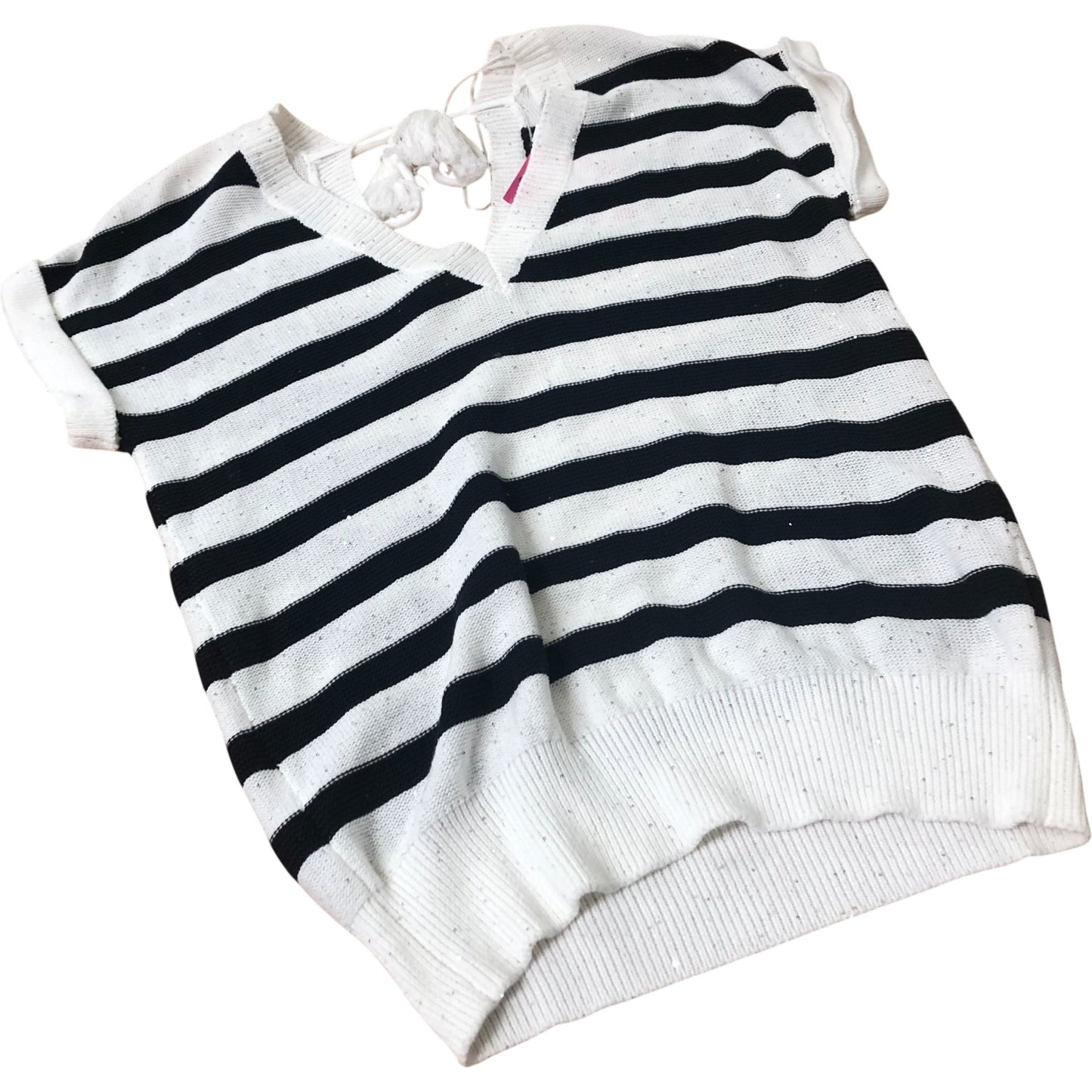 Striped V Neck Sweater Women's Cotton Short Sleeves Medium