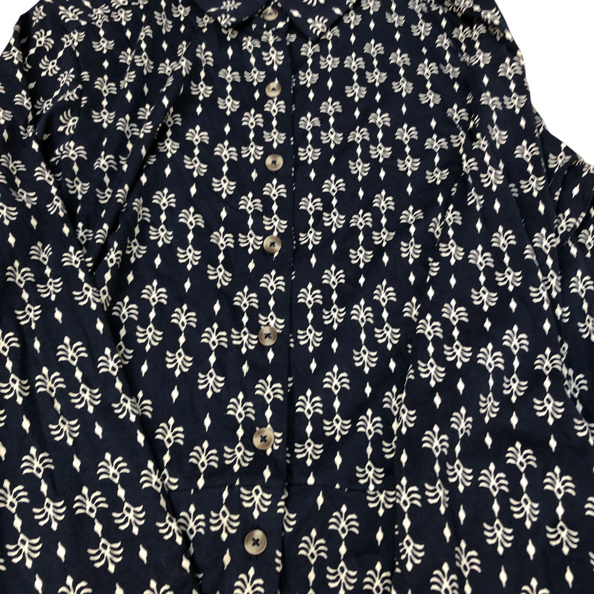 Long Sleeve Midi Dress UK12 Women's Navy Floral Pattern Organic Cotton