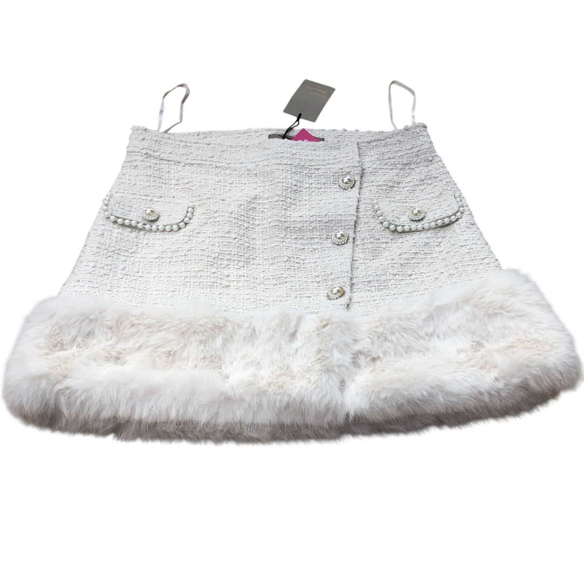 River Island White Faux Fur Trim Skirt Size 12 Women Elegant Tweed Style