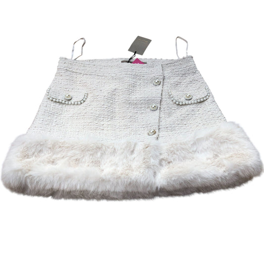 River Island White Faux Fur Trim Skirt Size 12 Women Elegant Tweed Style