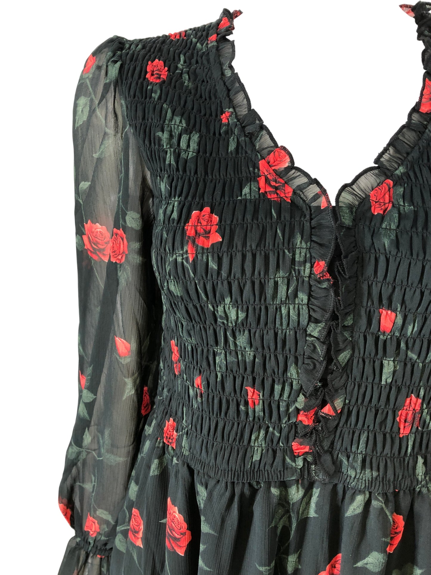 River Island Floral Smocked Dress UK8 Women's Long Sleeve Green Red Roses