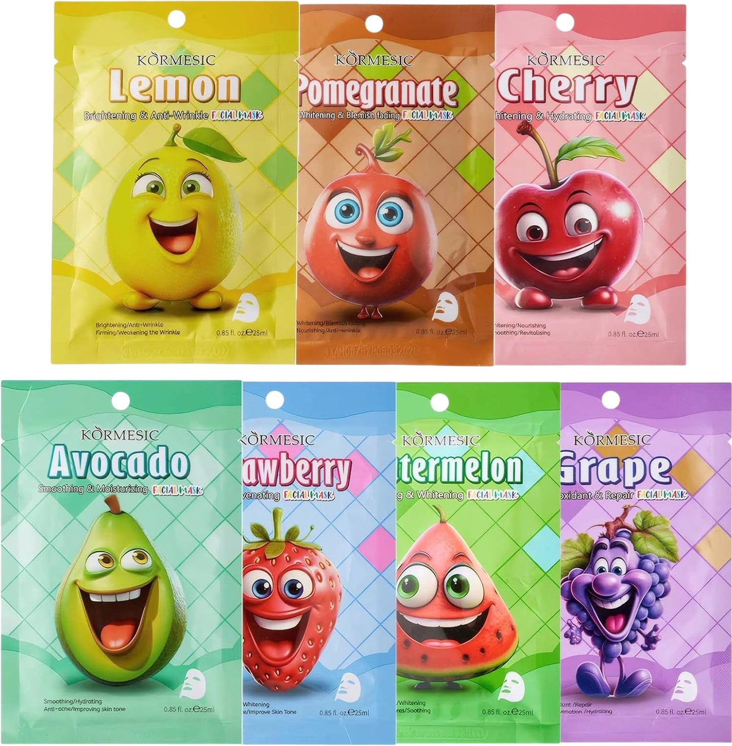 KORMESIC Skin Care Masks Bundle 7 PCS Strawberry Watermelon Avocado Pomegranate