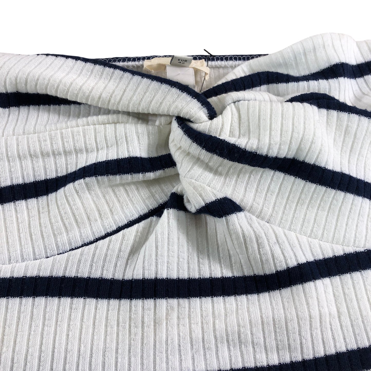 River Island UK16 Women's Striped Knotted Strapless Ribbed Top White Navy